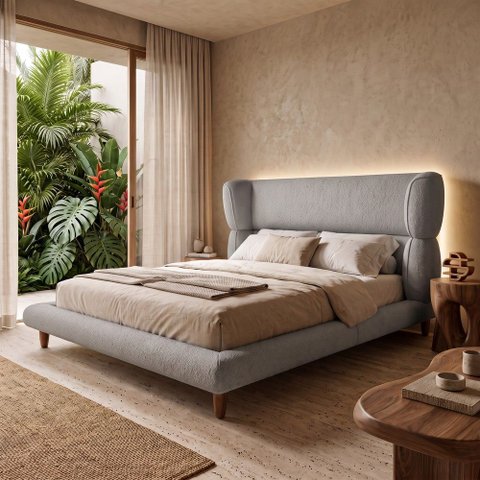 Cama Box Base Queen com Cabeceira Mochi 158x198 Estofada Orgânica Japonesa Bouclê Cinza - Desk Desig