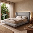 Ver imagem 1 de Cama Box Base Queen com Cabeceira Mochi 158x198 Estofada Orgânica Japonesa Bouclê Cinza - Desk Desig