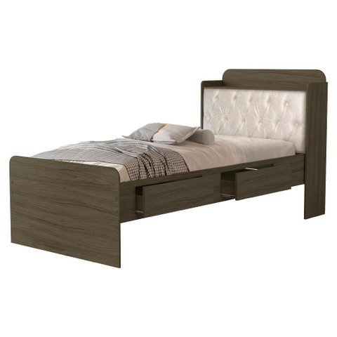 Cama Solteiro Bau 2 Gavetas Mdf Tamires Capitone Castanho Bege Decmade