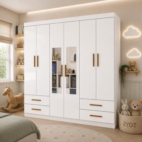 Guarda-Roupa Infantil com Espelho 6 Portas e 4 Gavetas 177cm Multimóveis CR35561 Branco