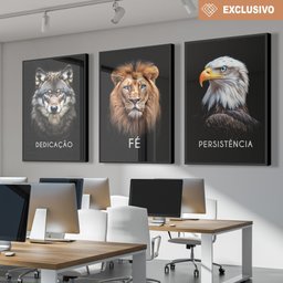 Kit 3 Quadros Decorativo Dedicação Fé Persistência em Cores Lobo Leão Águia Sala Quarto Casa Escritó - 1