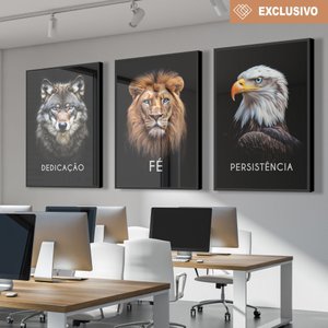 Kit 3 Quadros Decorativo Dedicação Fé Persistência em Cores Lobo Leão Águia Sala Quarto Casa Escritó