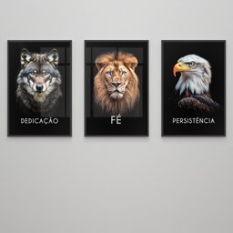 Kit 3 Quadros Decorativo Dedicação Fé Persistência em Cores Lobo Leão Águia Sala Quarto Casa Escritó - 3