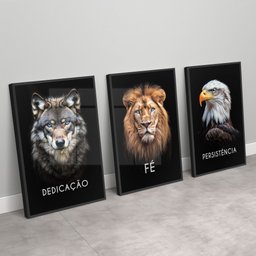 Kit 3 Quadros Decorativo Dedicação Fé Persistência em Cores Lobo Leão Águia Sala Quarto Casa Escritó - 2