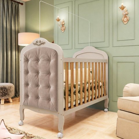 Berço Minicama 3 em 1 com Capitonê 100% MDF Maya Espresso Móveis Bege/Off White/Amêndoa/Suede Pena a