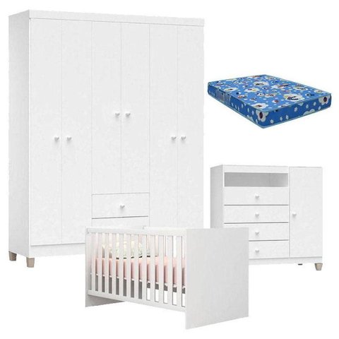 Quarto de Bebê 6 Portas Ternura Baby com Berço Americano Doce Sonho 100 Branco Brilho com Colchão