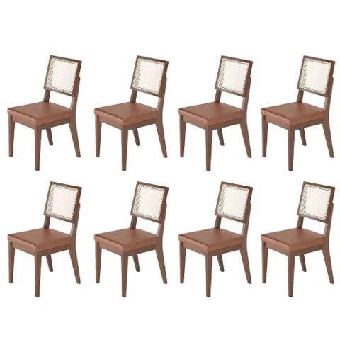 Kit de 8 Cadeiras de Madeira Maciça Estofada com Palhinha Saga - Natural C/ Pu Caramelo