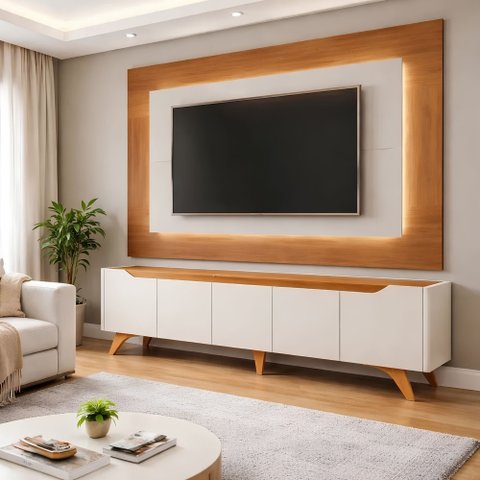 Conjunto Painel + Rack Atenas 220 cm Off White/Naturalle Mavaular
