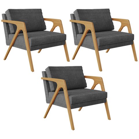 Kit 3 Poltrona Decorativa para Sala Pietra Estrutura de Madeira L02 Linho Cinza Escuro - Lyam