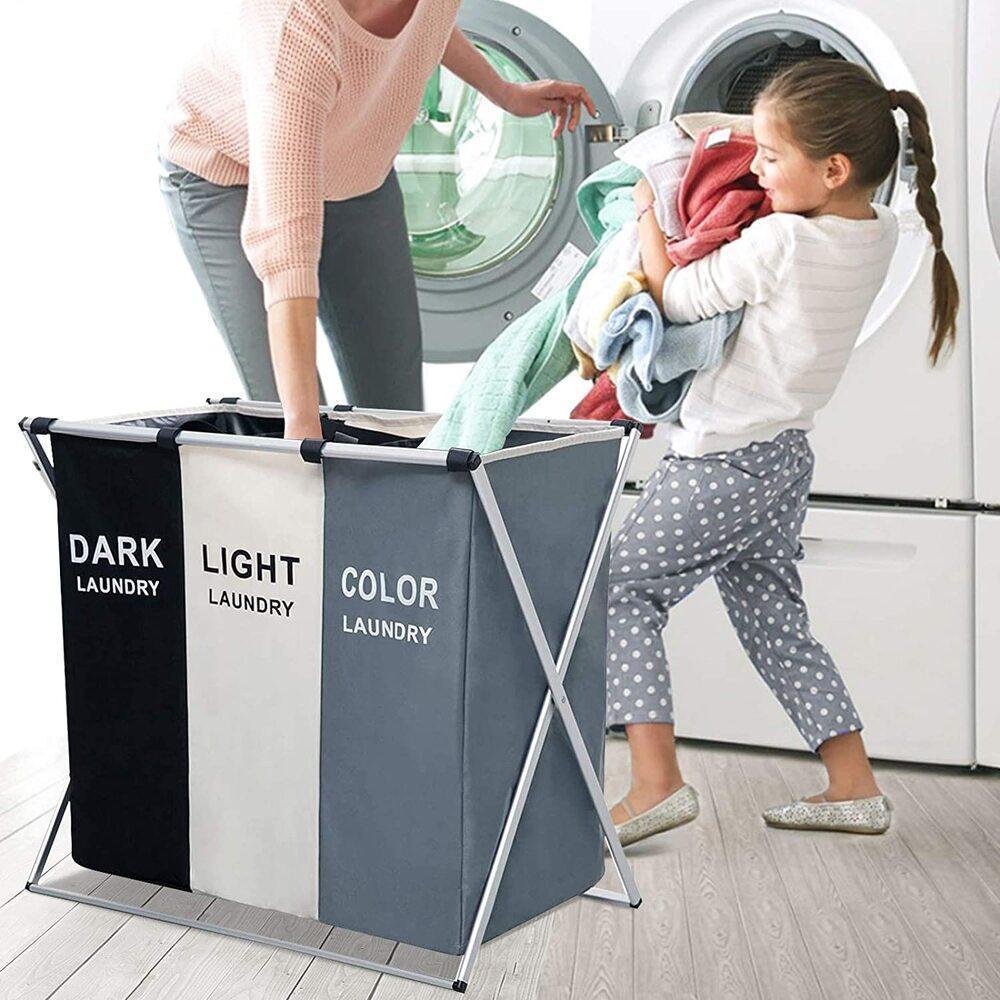 Roupeiro Triplo Cesto Organizador De Roupas Suja Cromado Dobravel Para Banheiro Quarto E Lavanderia - 6
