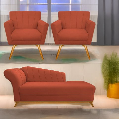 Kit Diva Recamier Vanessa 185cm Lado Direito e 02 Poltronas Laura Suede - Doce Sonho Móveis RECAMIER