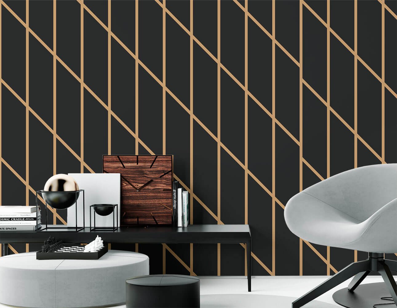 Papel de Parede Linhas Preto e Dourado 3 Arte Destaque 3 Metros