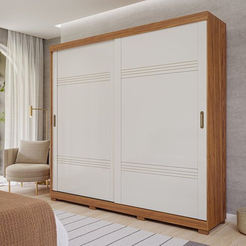 Guarda-Roupa Casal 2 Portas de Correr e Pés 243cm 100% MDF Marsala Espresso Móveis Bege/Cinamomo/Off White