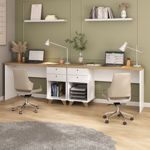 Kit Home Office Escritório Completo 2 Escrivaninhas 2 Prateleiras Artany Olmo/Branco