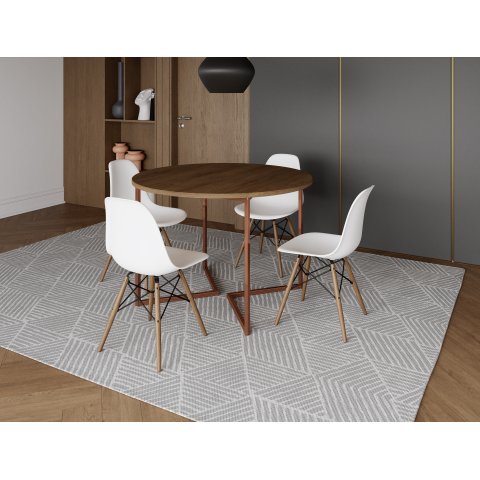 Mesa Industrial Base Ferro Cobre em V Tampo 110cm Amêndoa 4 Cadeiras Eames Madeira Assento Branco