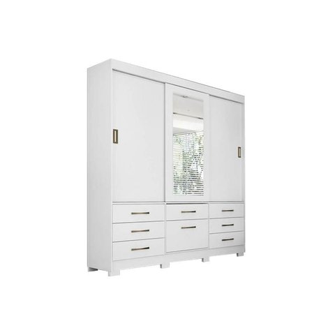 Guarda Roupa Casal 3 Portas de Correr e 7 Gavetas c/ Espelho Luiza Branco - Panan