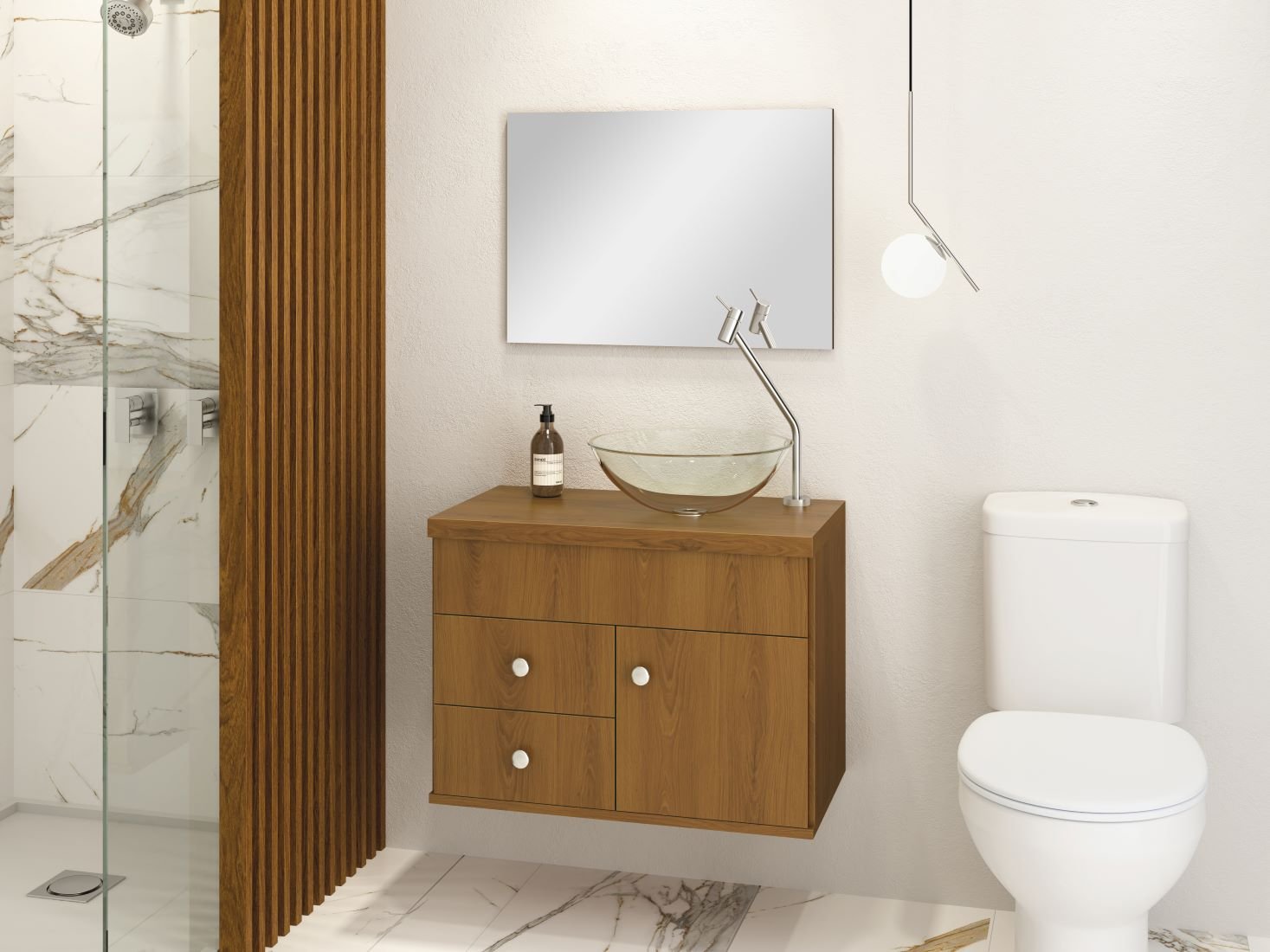 Ver imagem 1 de Kit Armário MDF para Banheiro Completo Luna 60 com Espelho e Cuba vidro:Freijó
