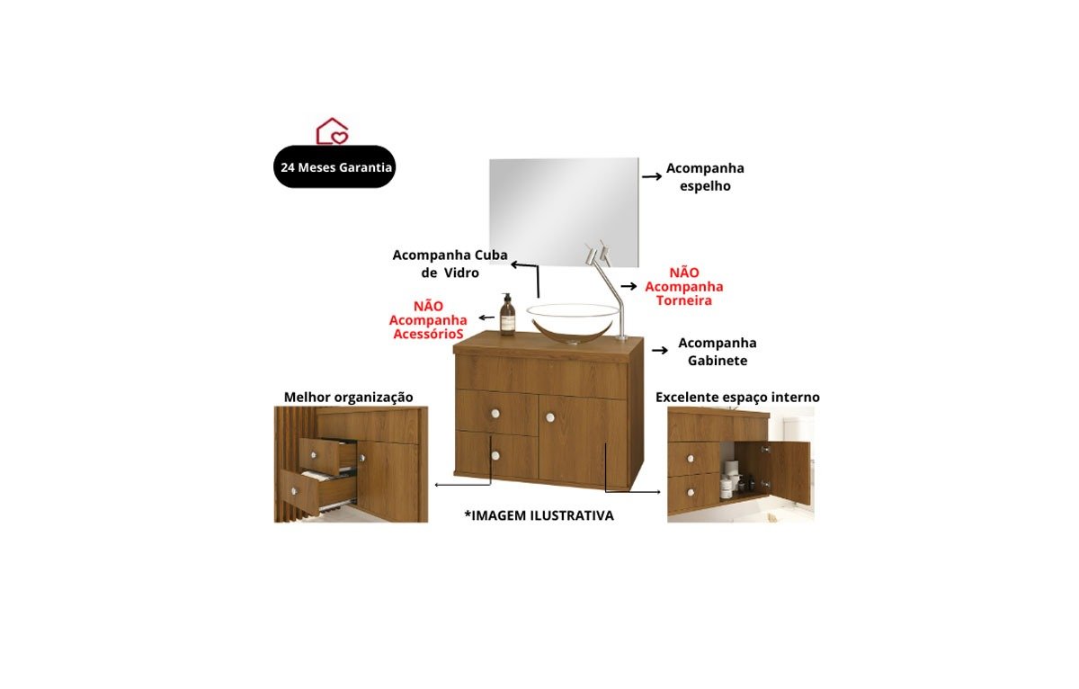 Ver mais imagens de Kit Armário MDF para Banheiro Completo Luna 60 com Espelho e Cuba vidro:Freijó