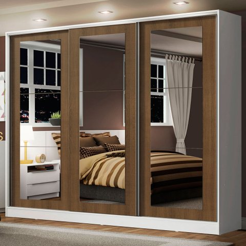 Guarda-Roupa Casal 100% MDF Madesa Eros 3 Portas de Correr de Espelho Branco/Rustic Cor:Branco/Rusti