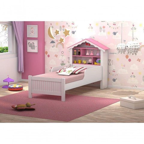 Cama Casinha Com Nichos, Prateleira E Colchão Rosa