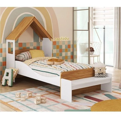 Kit Cama de Solteiro Lua c/ Casinha Branco Brilho/Amendoa - Moveis Peroba