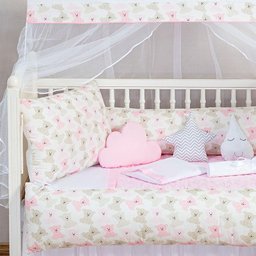 Kit Protetor de Berço Menina Ursinho 9 Pç com Mosquiteiro Rosa Claro - 3