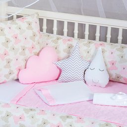 Kit Protetor de Berço Menina Ursinho 9 Pç com Mosquiteiro Rosa Claro - 2