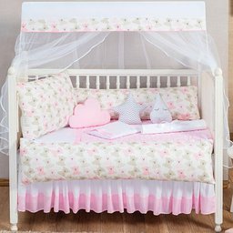 Kit Protetor de Berço Menina Ursinho 9 Pç com Mosquiteiro Rosa Claro - 1