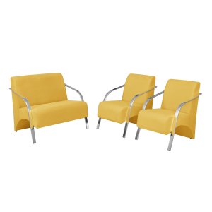 Conjunto Vênus 2 Poltronas de 1 Lugar e 1 de 2 Lugares Braço Alumínio D Salla Suede Amarelo