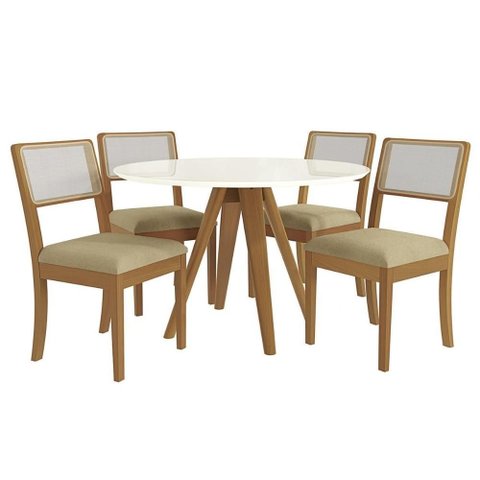 Mesa Cozinha Duna Premium Madeira Maciça C/ Tampo Madeirado C/ Vidro 120x120cm e 4 Cadeiras Lola