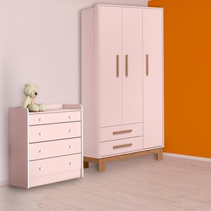 Conjunto Guarda Ropa Slim 3 Portas 2 Gavetas e Cômoda Trocador Rosa