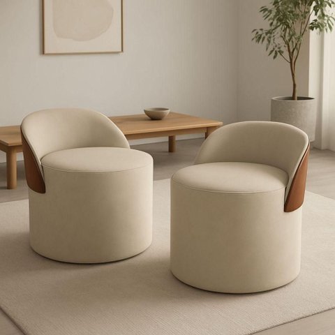Kit 2 Puff Curvo com Encosto Redondo Orgânico Sala Confortável Resistente Composé Suede Corino