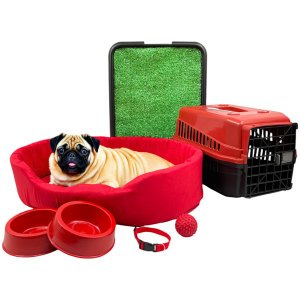 Kit Pet Médio Cama Europa com Sanitário Grama e Transporte - Vermelho