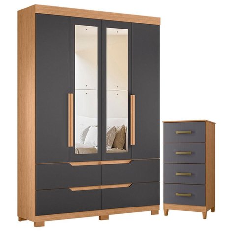 Guarda Roupa Solteiro Doble 04 Portas com Espelho e Cômoda Mobi Freijo Titanium - Móveis Albatroz
