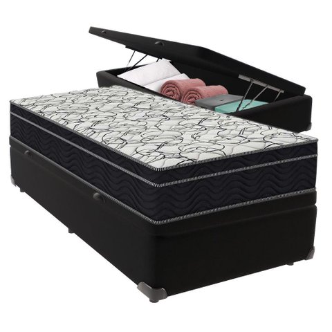 Cama Box Baú e Colchão Airtech 150 Espuma D45 Solteiro Ortobom Solteiro Preto
