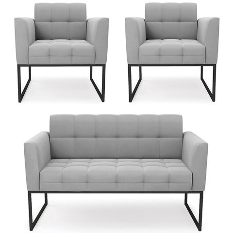 Sofá Namoradeira e 2 Poltronas Base Industrial Preto Ana Suede Cinza - Ibiza