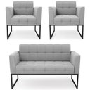 Ver imagem 1 de Sofá Namoradeira e 2 Poltronas Base Industrial Preto Ana Suede Cinza - Ibiza