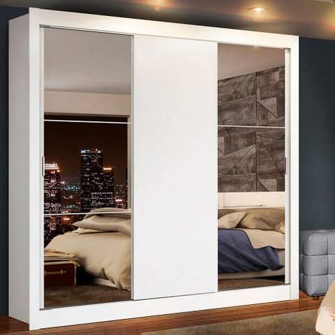 Guarda-Roupa Casal Madesa Lyon Plus 3 Portas de Correr com Espelhos 4 Gavetas Branco Cor:Branco