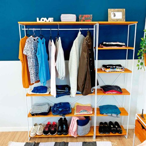 Armário Arara Closet Completo Modular Ample Carvalho e Branco