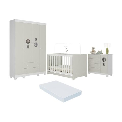 Quarto de Bebê Completo Berço Americano 3 em 1 Colchão Bombom Multimóveis Mp4630 Branco/off