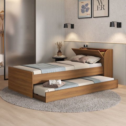 Cama Solteiro Ávilla 1 Porta com Cama Auxiliar Nogal - Pnr Móveis