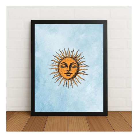 Quadro Sol Dourado Estilo Místico com Fundo Azul Suave Preto