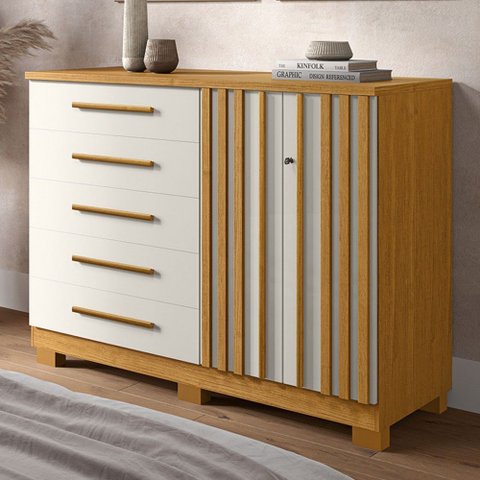 Cômoda Bella 2 Portas 5 Gavetas 100% Mdf Ripado Cinamomo/off White - Acp Móveis