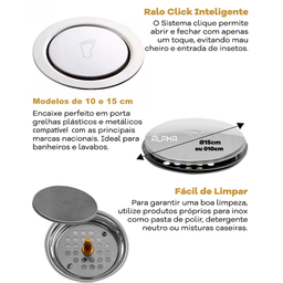 Ralo Click Inteligente P/ Banheiro Redondo 15 Cm Inox Cromo:Cromado - 6