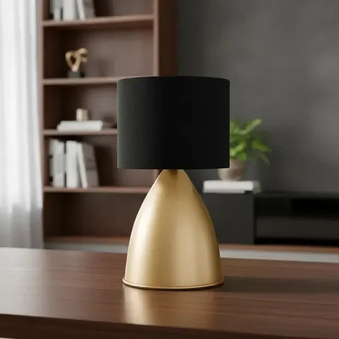 Luminaria de Mesa Abajur Clássico Bojudo Alumínio Dourado com Cúpula Tecido Algodão