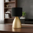 Ver imagem 1 de Luminaria de Mesa Abajur Clássico Bojudo Alumínio Dourado com Cúpula Tecido Algodão