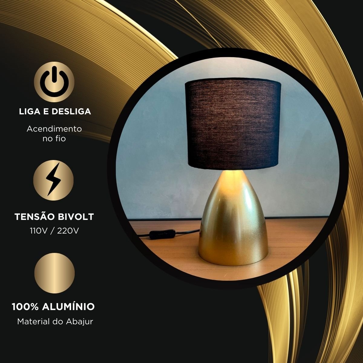 Abajur Luminaria Clássico Dourado Bivolt com Cúpula Tecido Algodão Soquete E27 - Dourado Cúpula Pret - 3