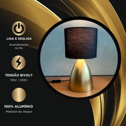 Abajur Luminaria de Mesa Clássico Dourado Bivolt com Cúpula Algodão Preta para Sala, Quarto e Cama - 3