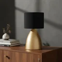 Ver imagem 3 de Luminaria de Mesa Abajur Clássico Bojudo Alumínio Dourado com Cúpula Tecido Algodão