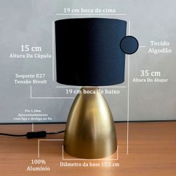 Abajur Luminaria de Mesa Clássico Dourado Bivolt com Cúpula Algodão Preta para Sala, Quarto e Cama - 2